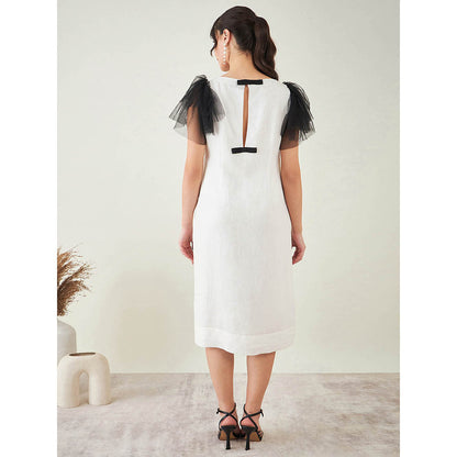 First Resort by Ramola Bachchan Off-White Linen Dress with Black Net Sleeves