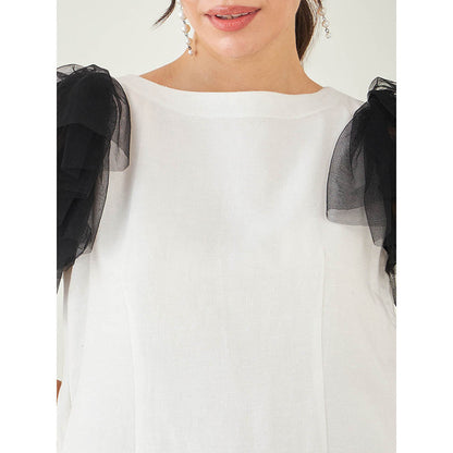 First Resort by Ramola Bachchan Off-White Linen Dress with Black Net Sleeves
