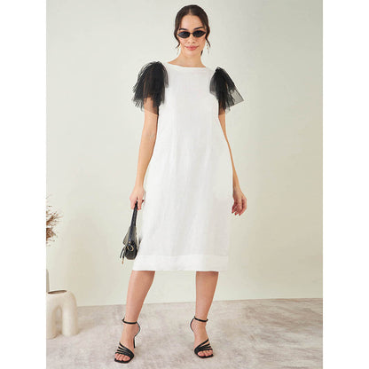 First Resort by Ramola Bachchan Off-White Linen Dress with Black Net Sleeves
