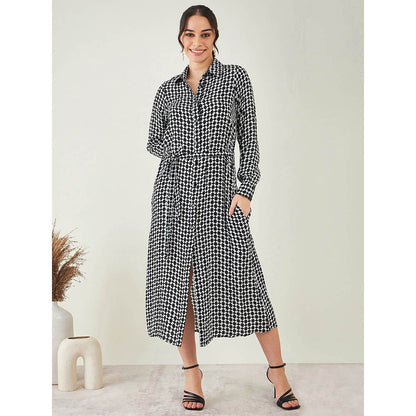 First Resort by Ramola Bachchan Black & White Geometric Print Dress with Belt (Set of 2)
