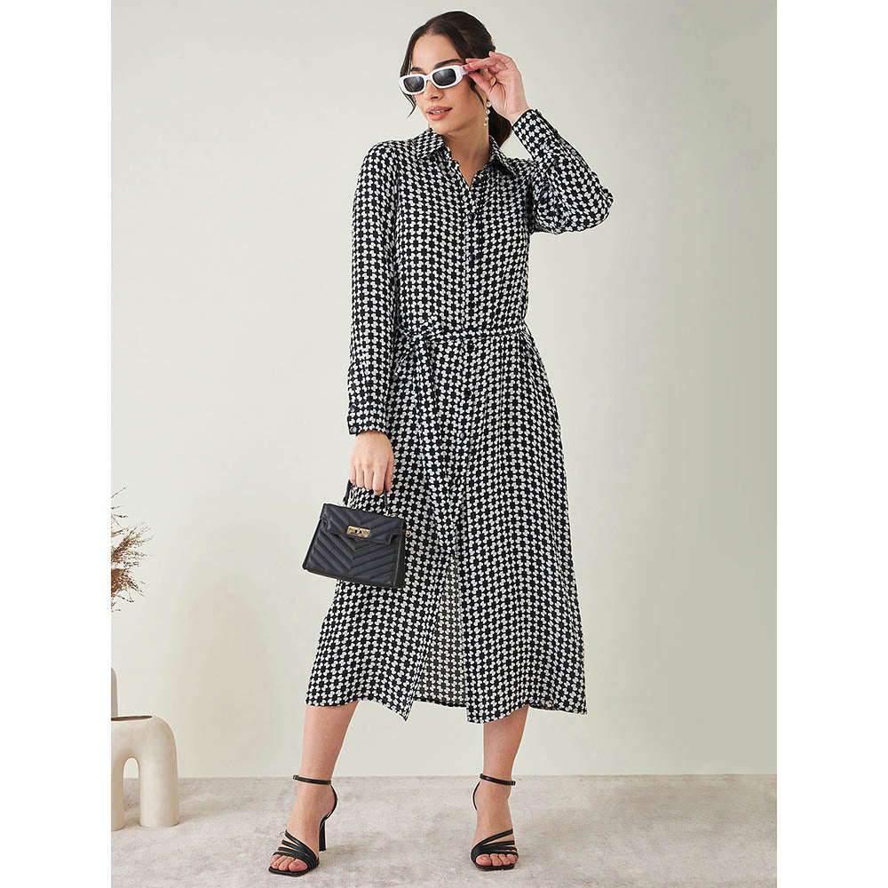 First Resort by Ramola Bachchan Black & White Geometric Print Dress with Belt (Set of 2)