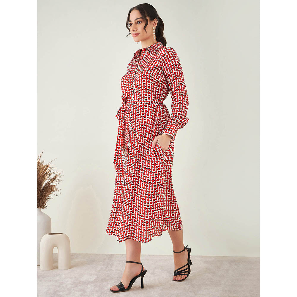 First Resort by Ramola Bachchan Red and White Geometric Print Dress with Belt (Set of 2)