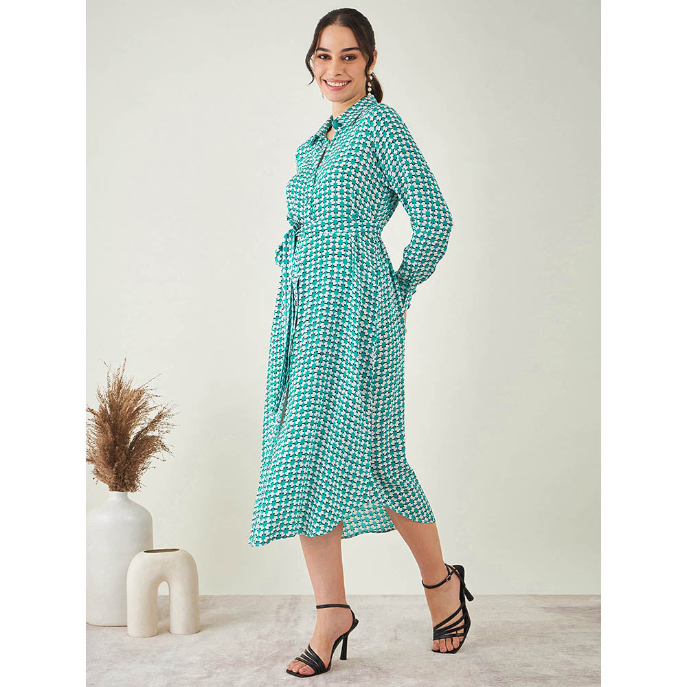 First Resort by Ramola Bachchan Turquoise & White Geometric Dress with Belt (Set of 2)