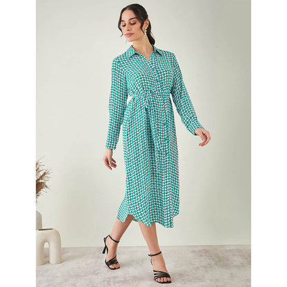 First Resort by Ramola Bachchan Turquoise & White Geometric Dress with Belt (Set of 2)