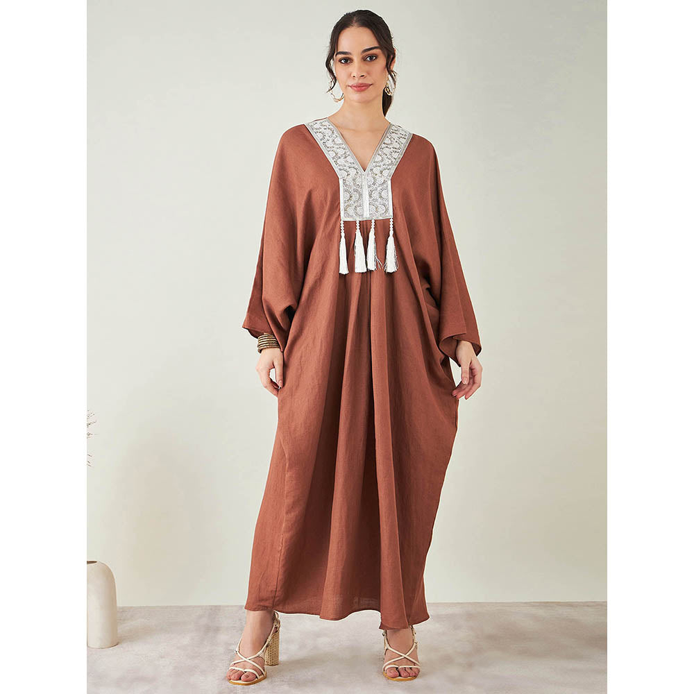 First Resort by Ramola Bachchan Brown Linen Full Length Kaftan with Tassels Detail
