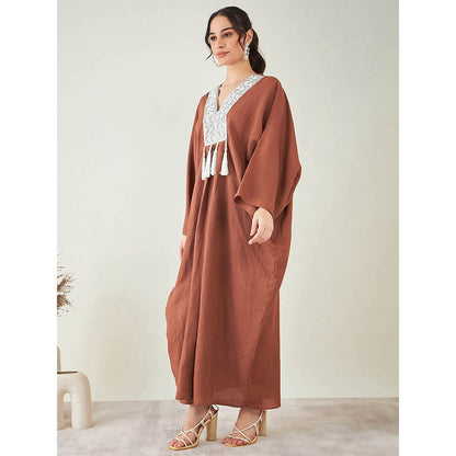 First Resort by Ramola Bachchan Brown Linen Full Length Kaftan with Tassels Detail