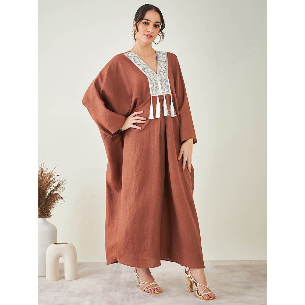 First Resort by Ramola Bachchan Brown Linen Full Length Kaftan with Tassels Detail