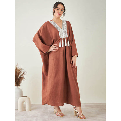 First Resort by Ramola Bachchan Brown Linen Full Length Kaftan with Tassels Detail