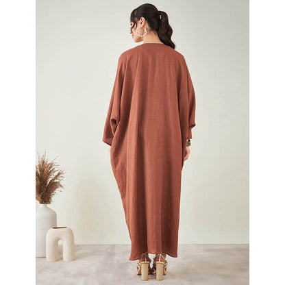 First Resort by Ramola Bachchan Brown Linen Full Length Kaftan with Tassels Detail
