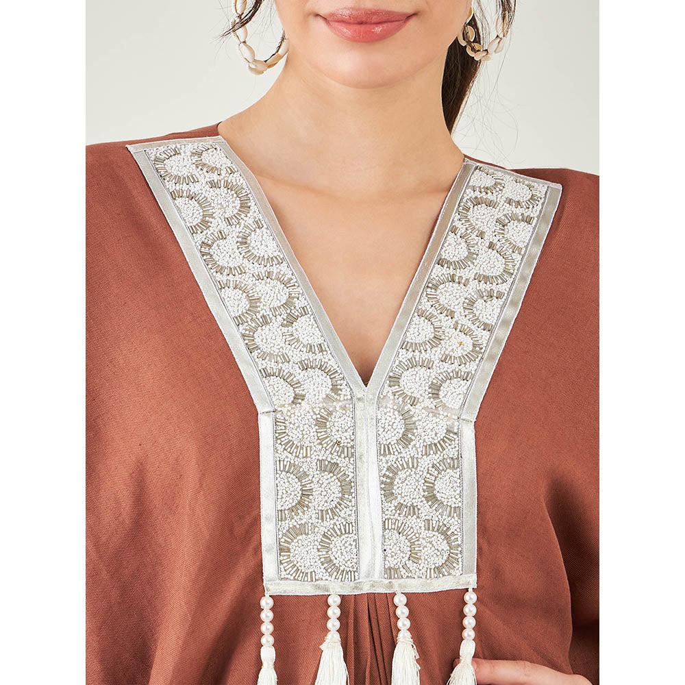 First Resort by Ramola Bachchan Brown Linen Full Length Kaftan with Tassels Detail
