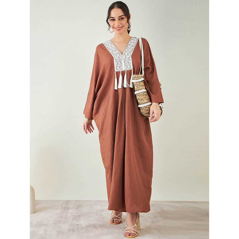 First Resort by Ramola Bachchan Brown Linen Full Length Kaftan with Tassels Detail