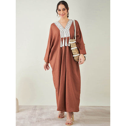 First Resort by Ramola Bachchan Brown Linen Full Length Kaftan with Tassels Detail