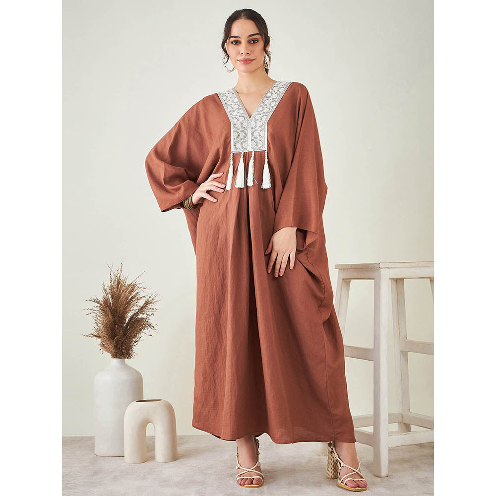 First Resort by Ramola Bachchan Brown Linen Full Length Kaftan with Tassels Detail