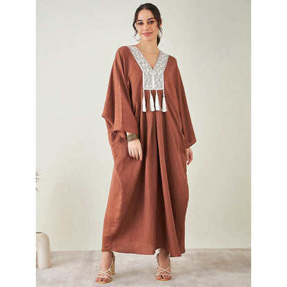 First Resort by Ramola Bachchan Brown Linen Full Length Kaftan with Tassels Detail