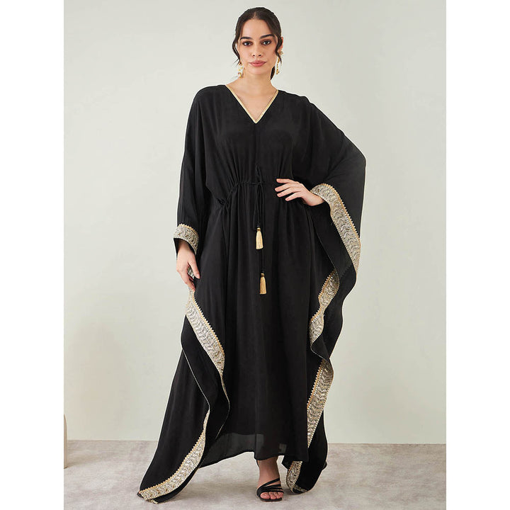 First Resort by Ramola Bachchan Black Full Length Kaftan with Gold Lace Detail