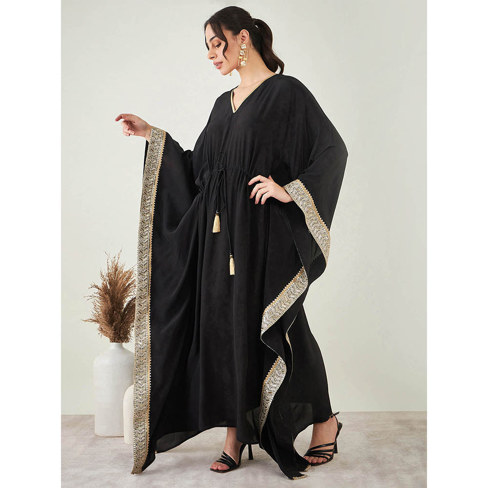 First Resort by Ramola Bachchan Black Full Length Kaftan with Gold Lace Detail