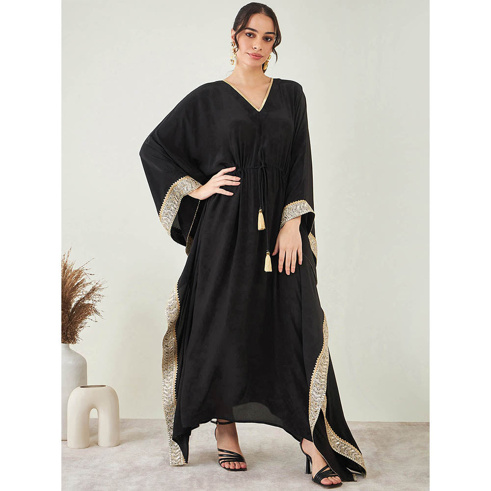 First Resort by Ramola Bachchan Black Full Length Kaftan with Gold Lace Detail