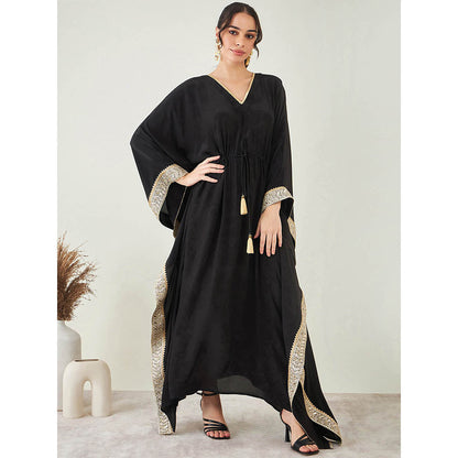 First Resort by Ramola Bachchan Black Full Length Kaftan with Gold Lace Detail