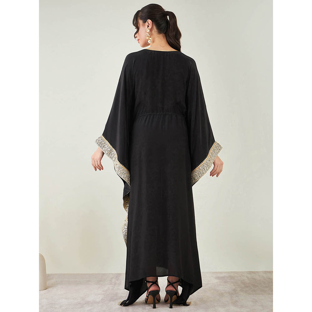 First Resort by Ramola Bachchan Black Full Length Kaftan with Gold Lace Detail