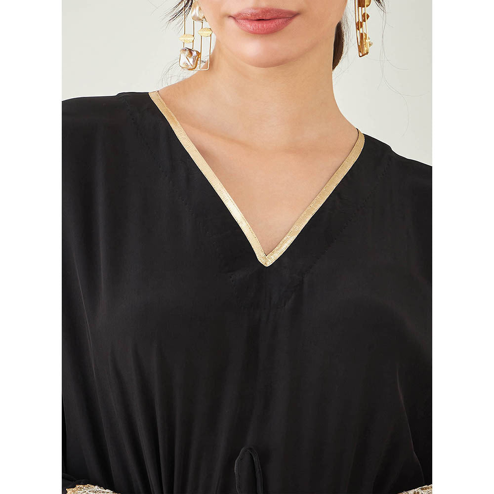 First Resort by Ramola Bachchan Black Full Length Kaftan with Gold Lace Detail