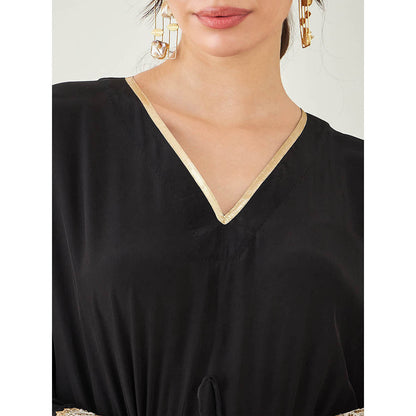 First Resort by Ramola Bachchan Black Full Length Kaftan with Gold Lace Detail