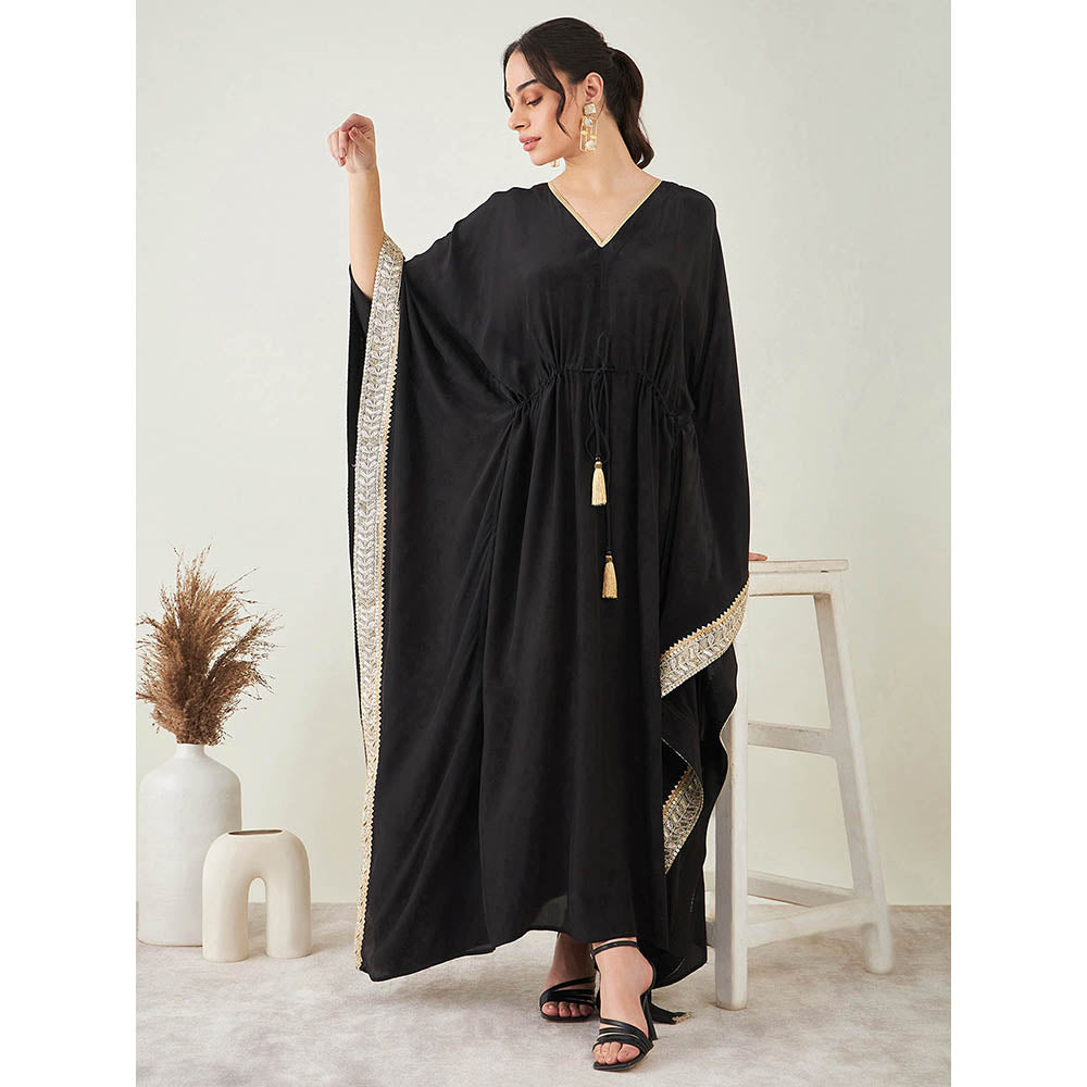 First Resort by Ramola Bachchan Black Full Length Kaftan with Gold Lace Detail