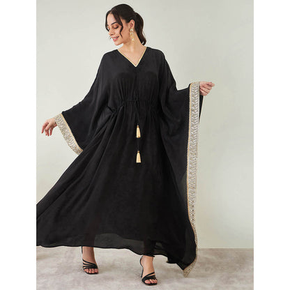 First Resort by Ramola Bachchan Black Full Length Kaftan with Gold Lace Detail