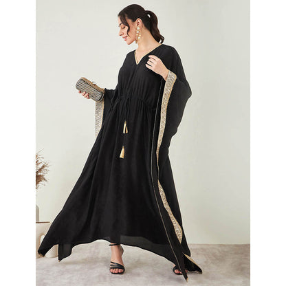 First Resort by Ramola Bachchan Black Full Length Kaftan with Gold Lace Detail