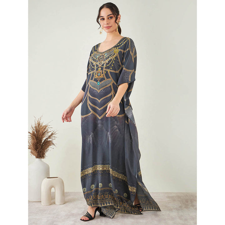 First Resort by Ramola Bachchan Grey and Gold Tribal Print Embellished Silk Full Length Kaftan