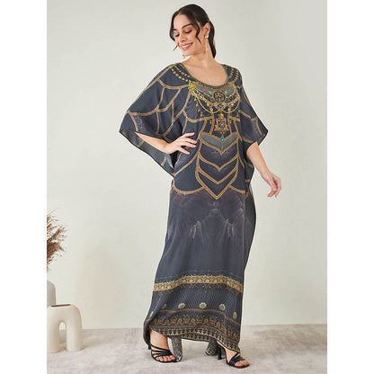 First Resort by Ramola Bachchan Grey and Gold Tribal Print Embellished Silk Full Length Kaftan
