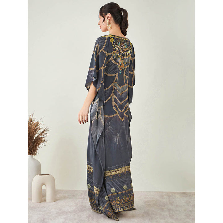 First Resort by Ramola Bachchan Grey and Gold Tribal Print Embellished Silk Full Length Kaftan