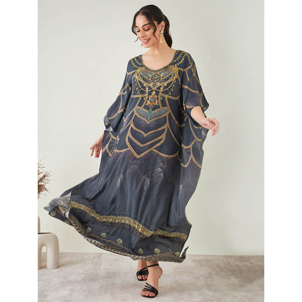 First Resort by Ramola Bachchan Grey and Gold Tribal Print Embellished Silk Full Length Kaftan