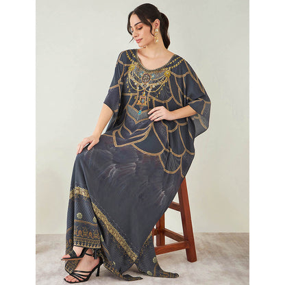 First Resort by Ramola Bachchan Grey and Gold Tribal Print Embellished Silk Full Length Kaftan