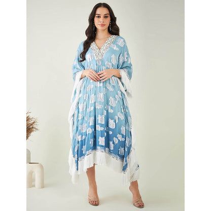 First Resort by Ramola Bachchan Blue Ombre Lurex Mid Length Kaftan with Fringe Detail