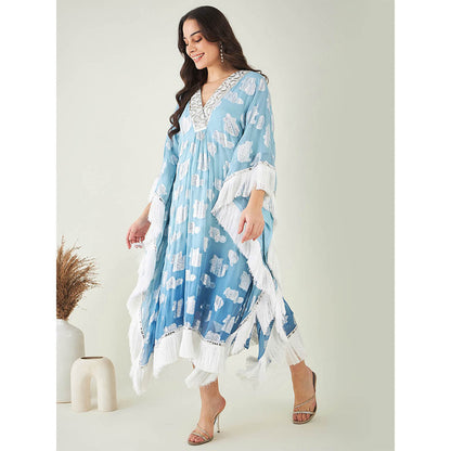 First Resort by Ramola Bachchan Blue Ombre Lurex Mid Length Kaftan with Fringe Detail