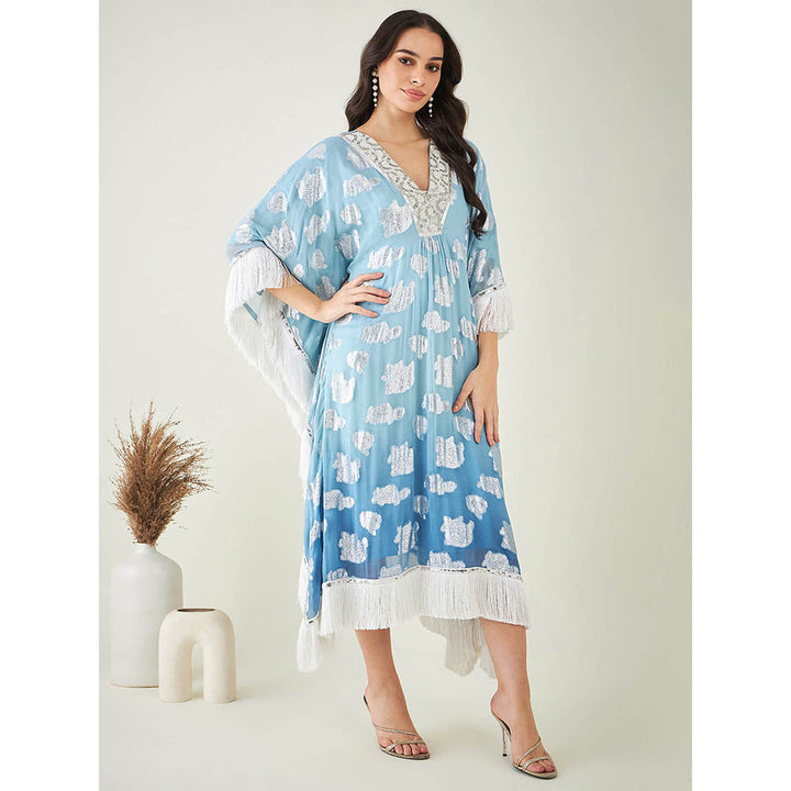 First Resort by Ramola Bachchan Blue Ombre Lurex Mid Length Kaftan with Fringe Detail