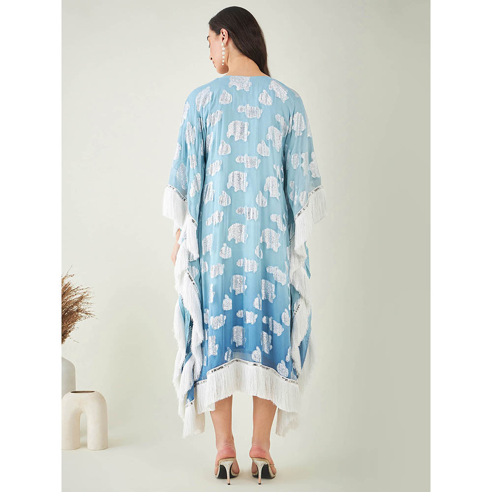 First Resort by Ramola Bachchan Blue Ombre Lurex Mid Length Kaftan with Fringe Detail