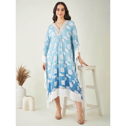 First Resort by Ramola Bachchan Blue Ombre Lurex Mid Length Kaftan with Fringe Detail