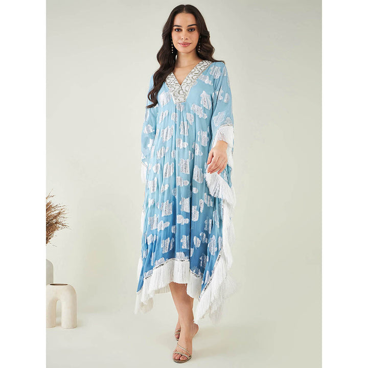First Resort by Ramola Bachchan Blue Ombre Lurex Mid Length Kaftan with Fringe Detail