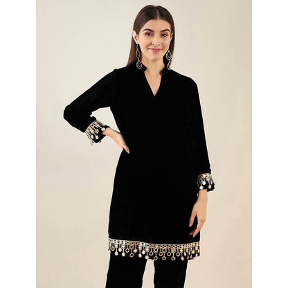 First Resort by Ramola Bachchan Black Silk Velvet Kurta with Mirror Lace Detail