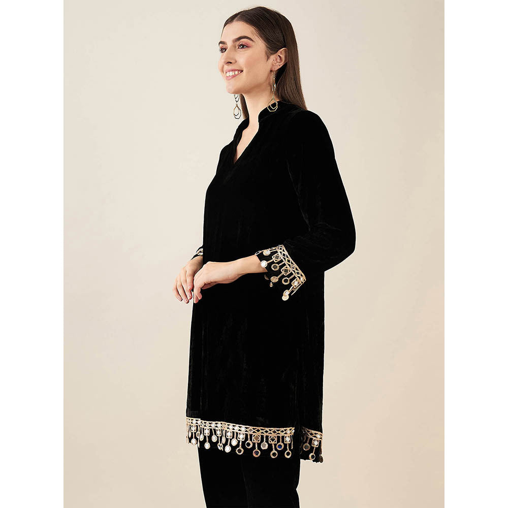 First Resort by Ramola Bachchan Black Silk Velvet Kurta with Mirror Lace Detail