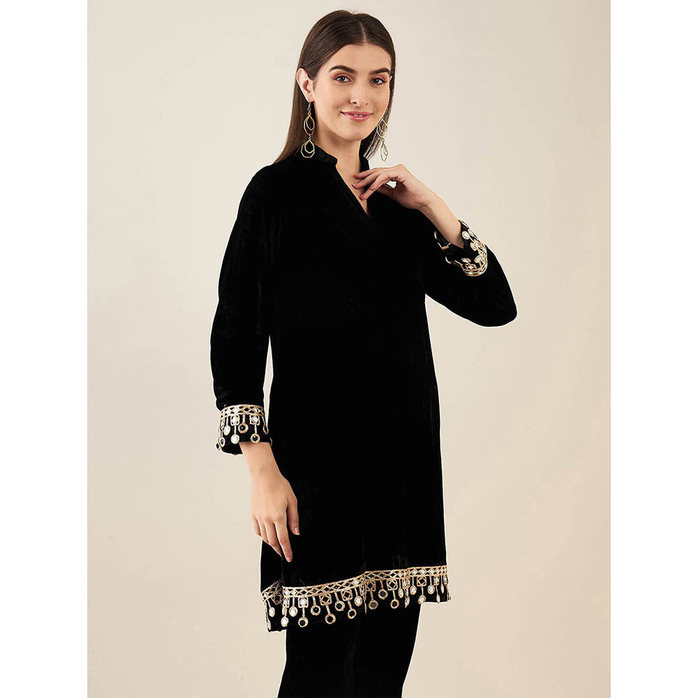 First Resort by Ramola Bachchan Black Silk Velvet Kurta with Mirror Lace Detail