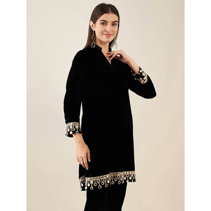 First Resort by Ramola Bachchan Black Silk Velvet Kurta with Mirror Lace Detail