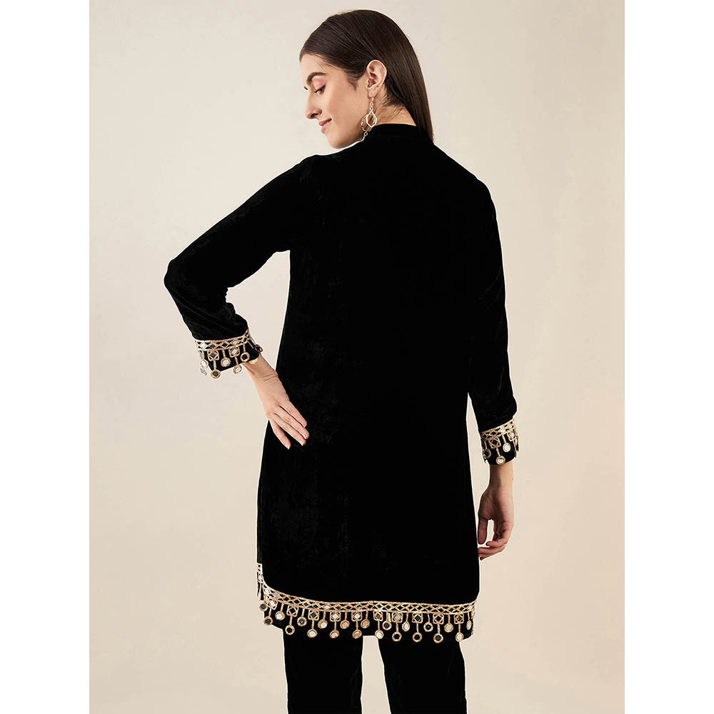 First Resort by Ramola Bachchan Black Silk Velvet Kurta with Mirror Lace Detail