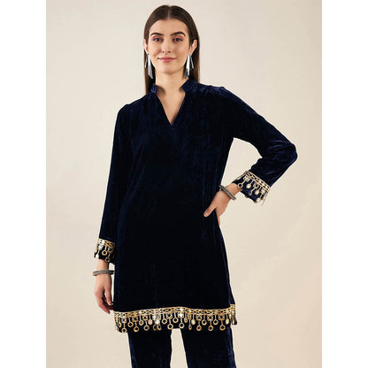 First Resort by Ramola Bachchan Blue Silk Velvet Kurta with Mirror Lace Detail