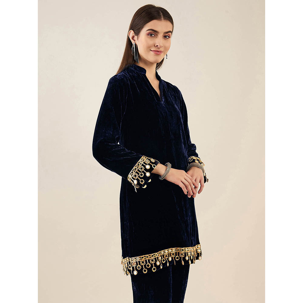 First Resort by Ramola Bachchan Blue Silk Velvet Kurta with Mirror Lace Detail