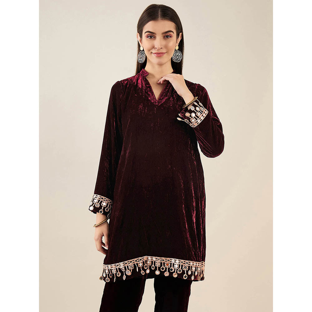 First Resort by Ramola Bachchan Maroon Silk Velvet Kurta with Mirror Lace Detail