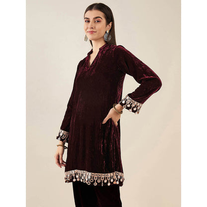 First Resort by Ramola Bachchan Maroon Silk Velvet Kurta with Mirror Lace Detail