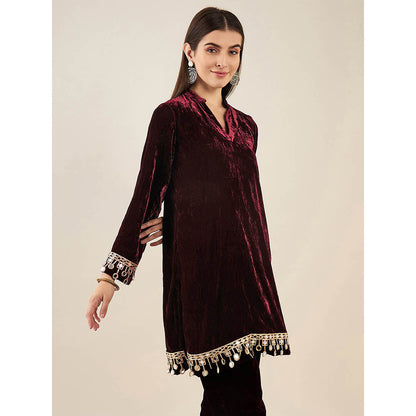 First Resort by Ramola Bachchan Maroon Silk Velvet Kurta with Mirror Lace Detail
