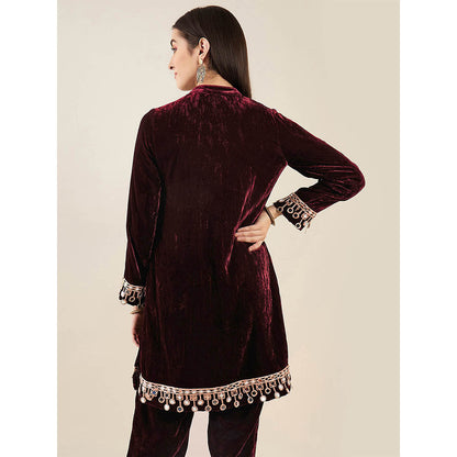 First Resort by Ramola Bachchan Maroon Silk Velvet Kurta with Mirror Lace Detail